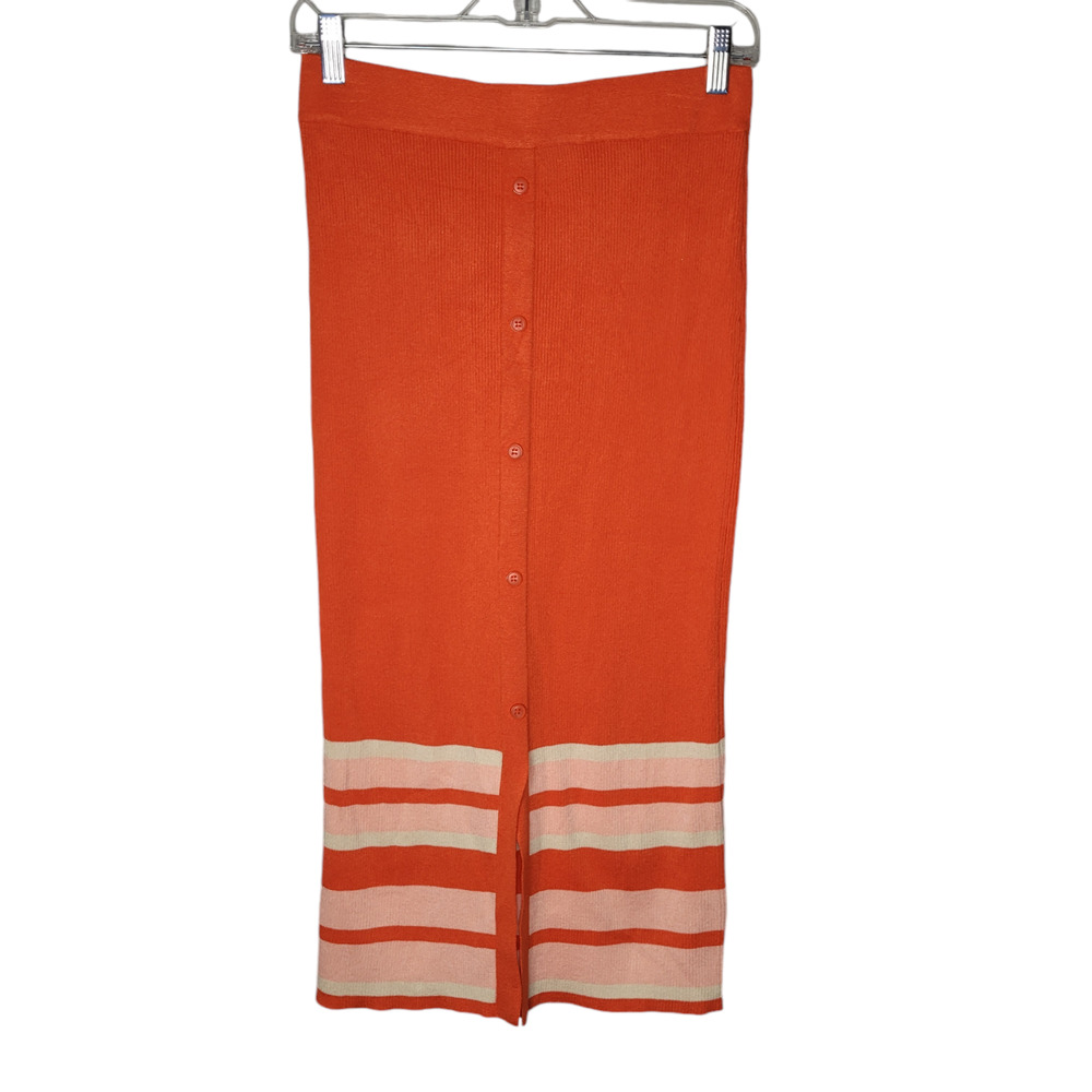 Saks Fifth Avenue Orange Knit Button-Front Mini Skirt with Stripe Hem